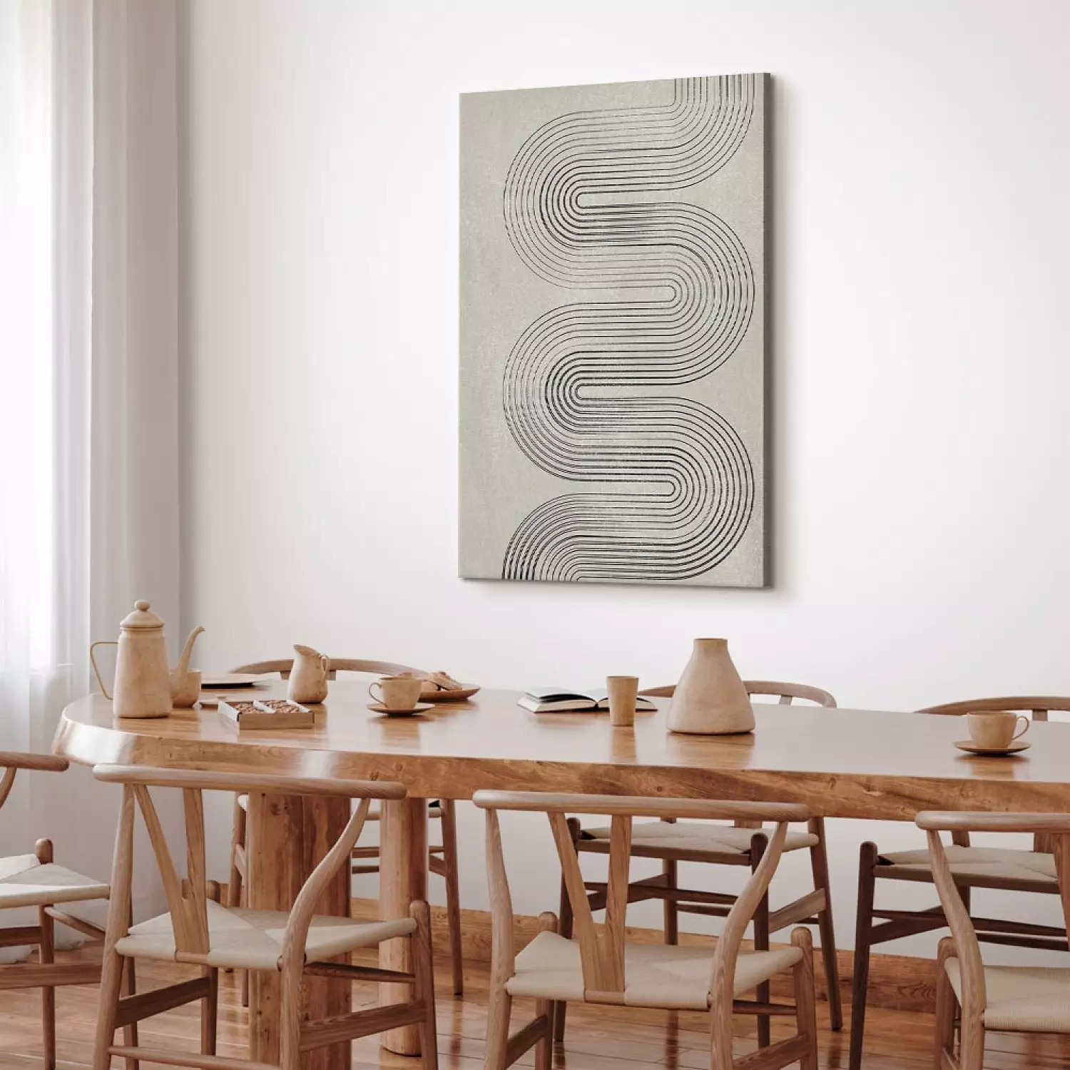 Canvas Art Print Symmetrical black wave - abstraction in grey tones in japandi style
