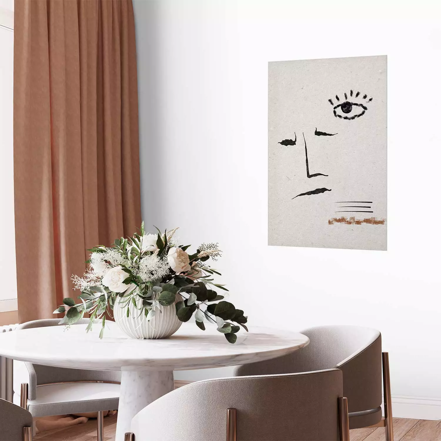 Wall Poster Sketched Smile - abstract black face and eye on a gray background