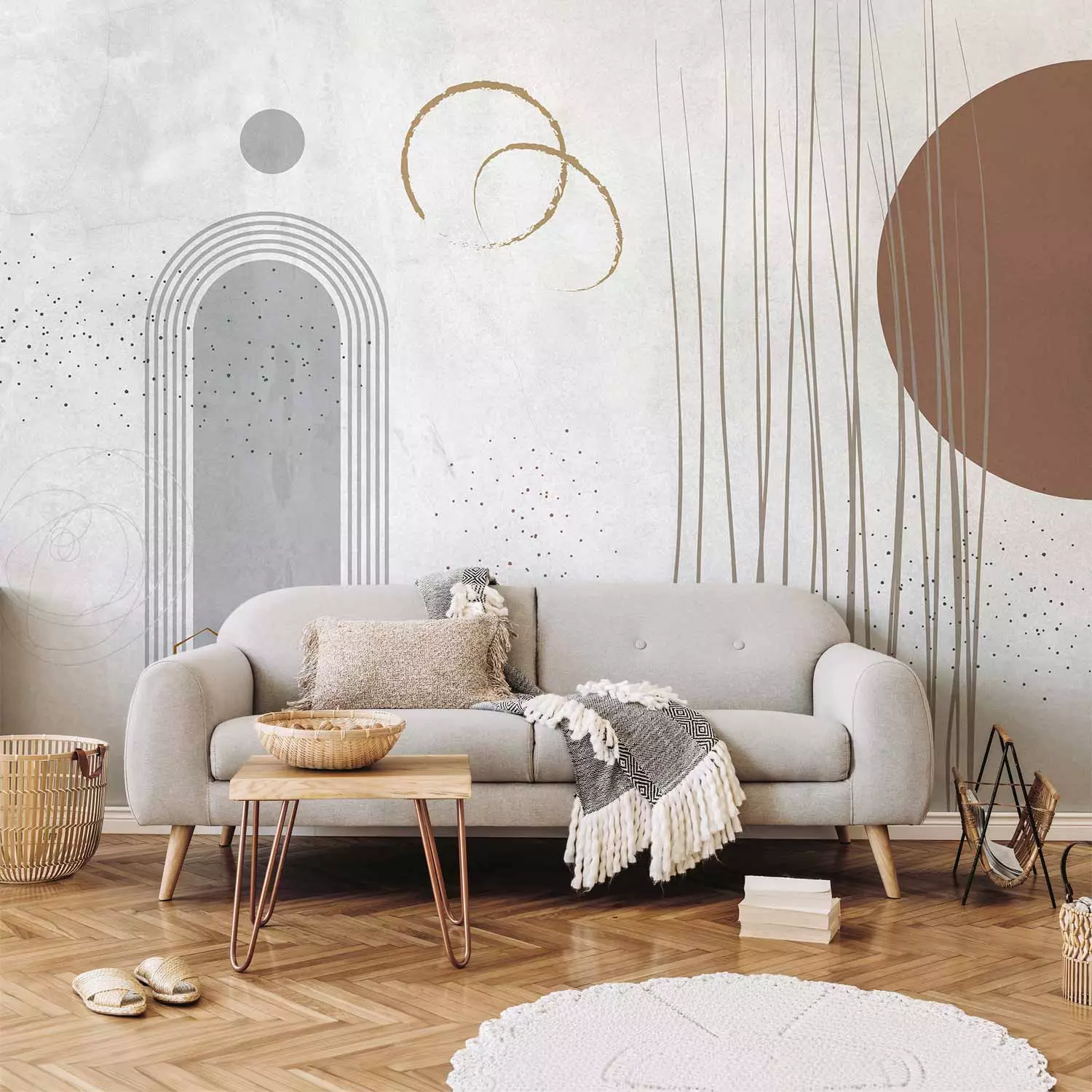 Wall Mural Figures, lines and dots - geometric fantasy in japandi style
