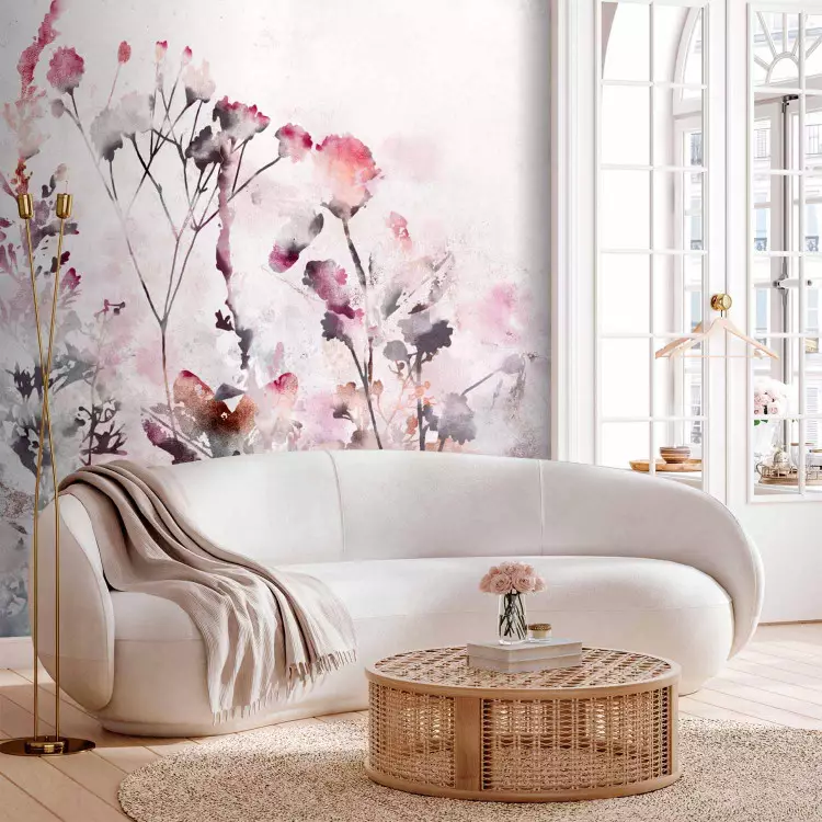 Watercolour meadow - delicate plants in shades of pink on a light background