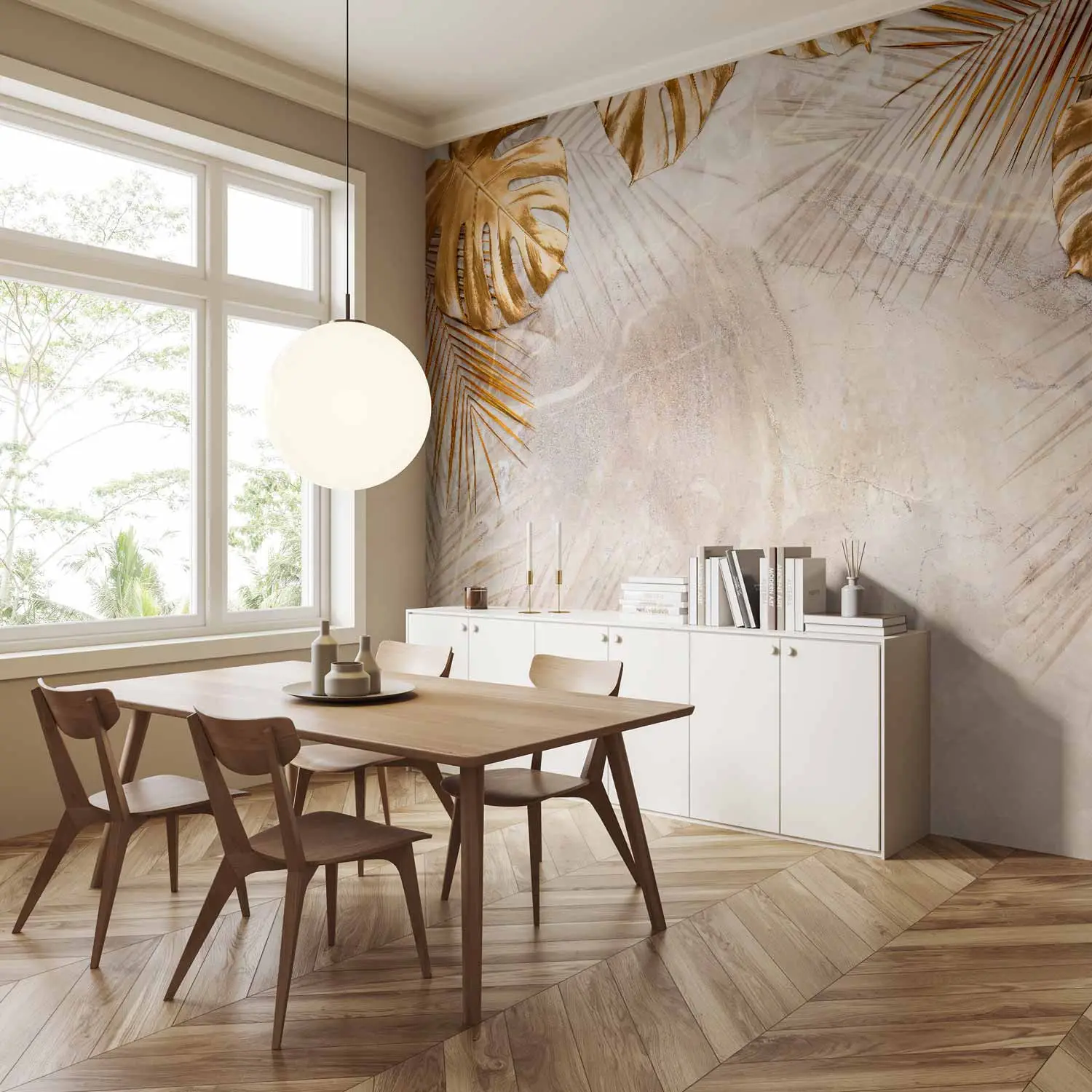 Wall Mural Precious Nature - Golden Palm and Monstera Leaves on a Beige  Background - bimago