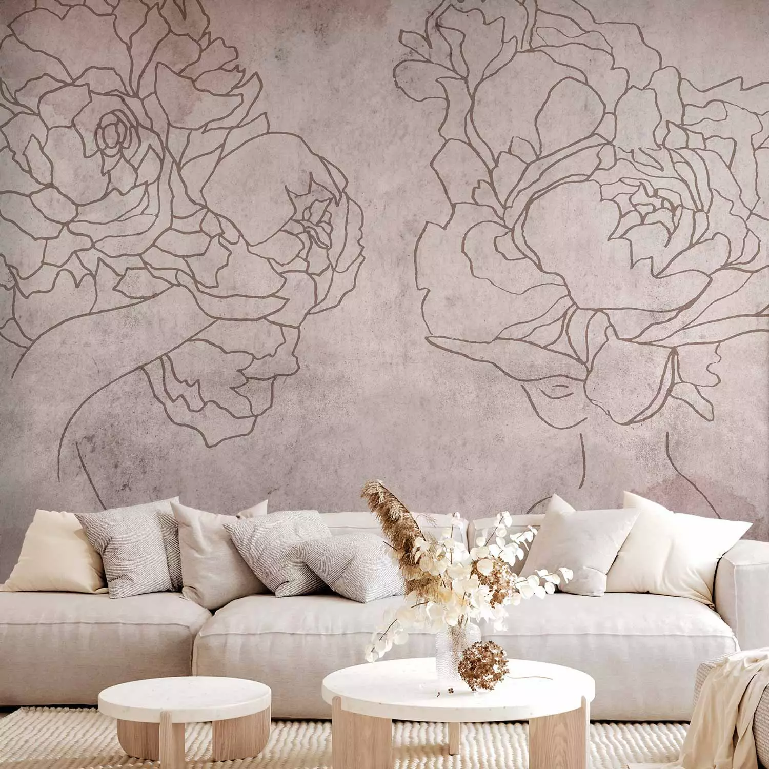 Photo Wallpaper Floristic abstraction - lineart style silhouettes of people with flowers