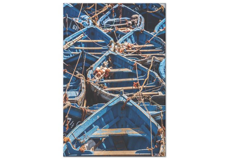 Canvas Blue Fleet (1-piece) Vertical - maritime landscape of boats in Morocco