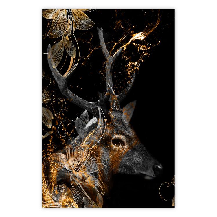 Poster Deer's Treasure - abstract deer amid golden details on a black background