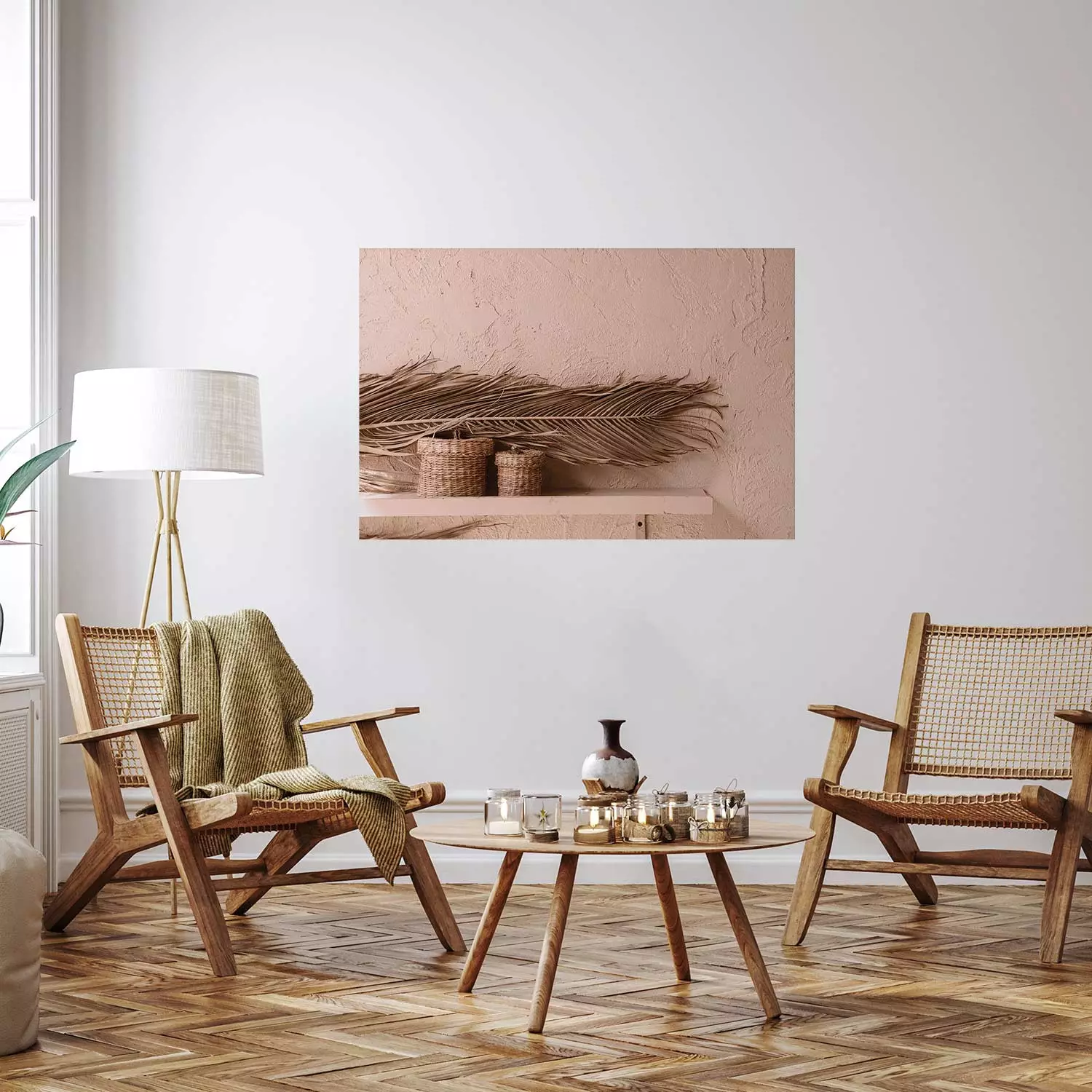Poster Moroccan Composition - palm leaf and baskets covering the wall