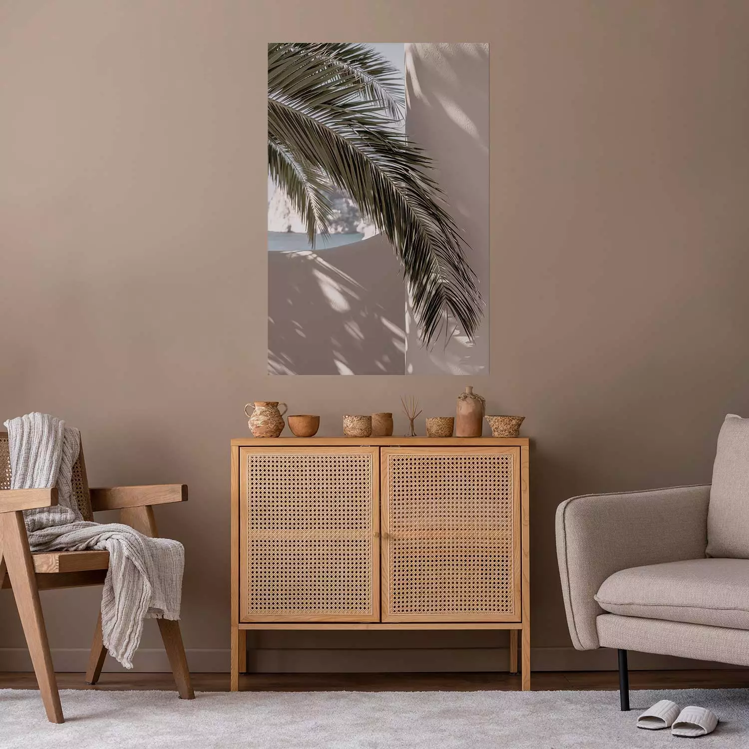 Poster Terrace with a View - natural composition of palm tree against a light wall