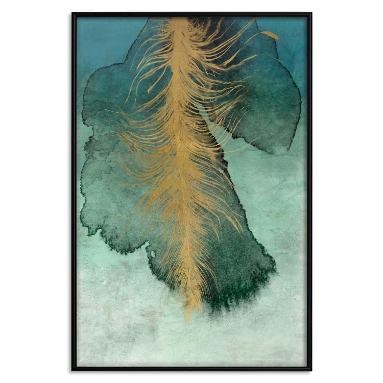 Poster Celestial Composition - golden feather on abstract blue background