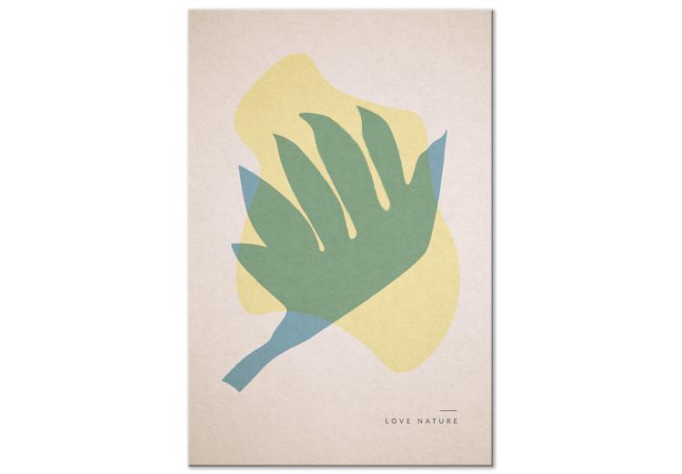 Canvas Love Nature - Pastel Abstraction in the Scandinavian style with a leaf on the shape of a rising bird and an inscription in English