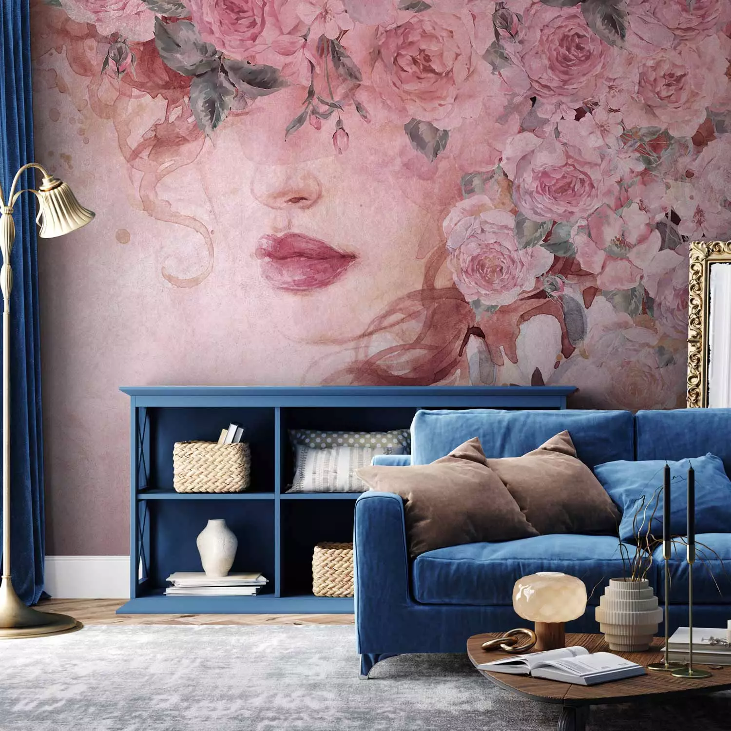 Wall Mural Lady in flowers - portrait of a woman's face draped in pink flowers