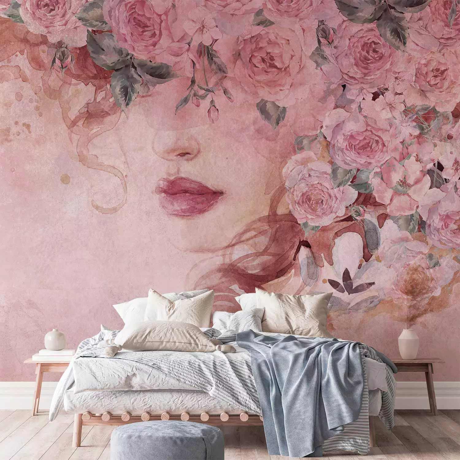 Wall Mural Lady in flowers - portrait of a woman's face draped in pink flowers
