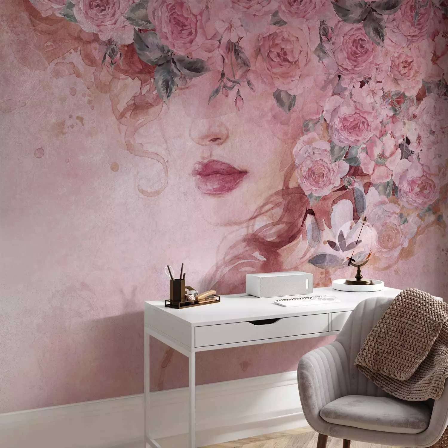 Wall Mural Lady in flowers - portrait of a woman's face draped in pink flowers
