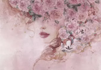 Wall Mural Lady in flowers - portrait of a woman's face draped in pink flowers Wallpaper Cropper