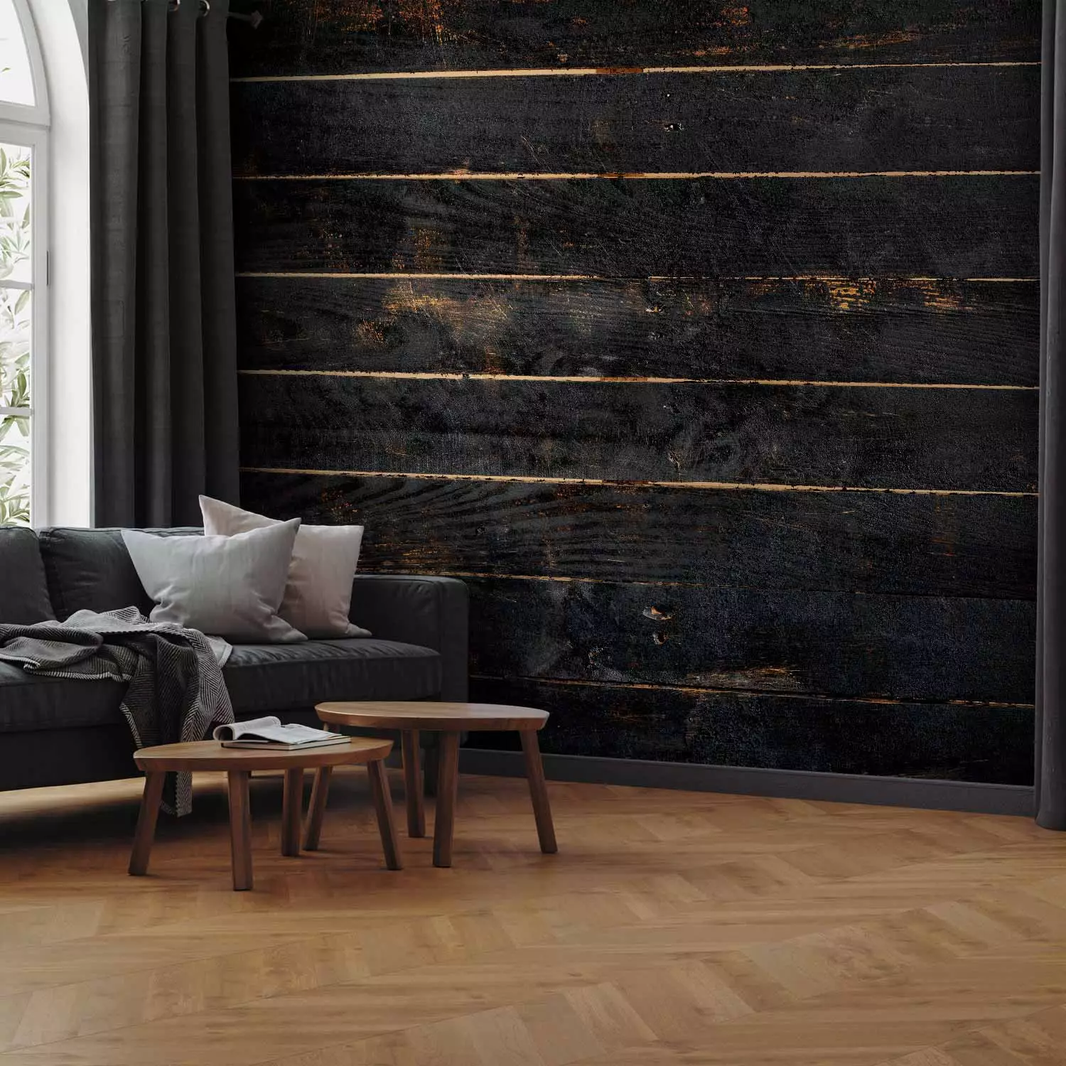 Wall Mural Wooden background - uniform pattern of horizontal black boards with clearances