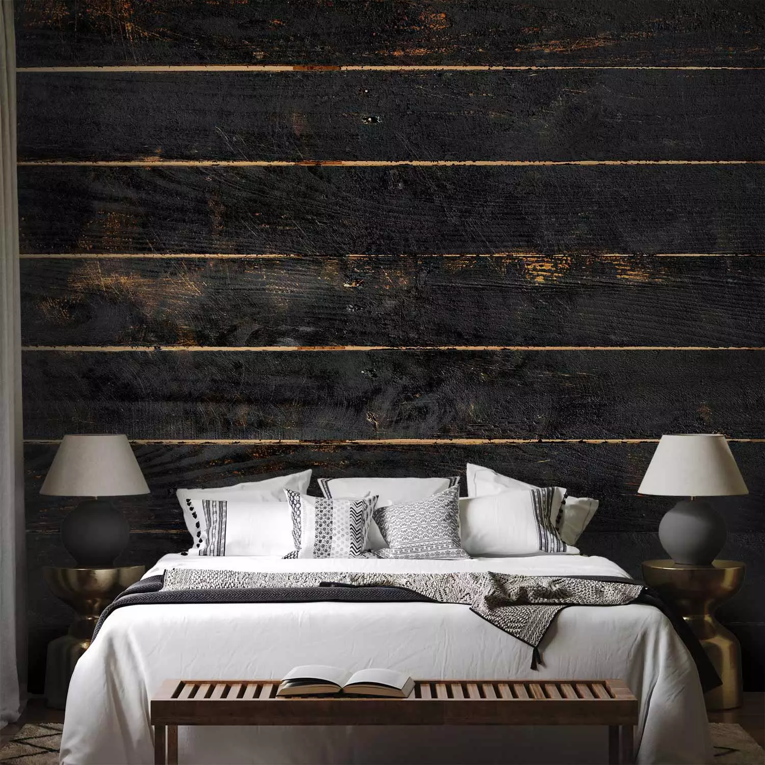 Wall Mural Wooden background - uniform pattern of horizontal black boards with clearances