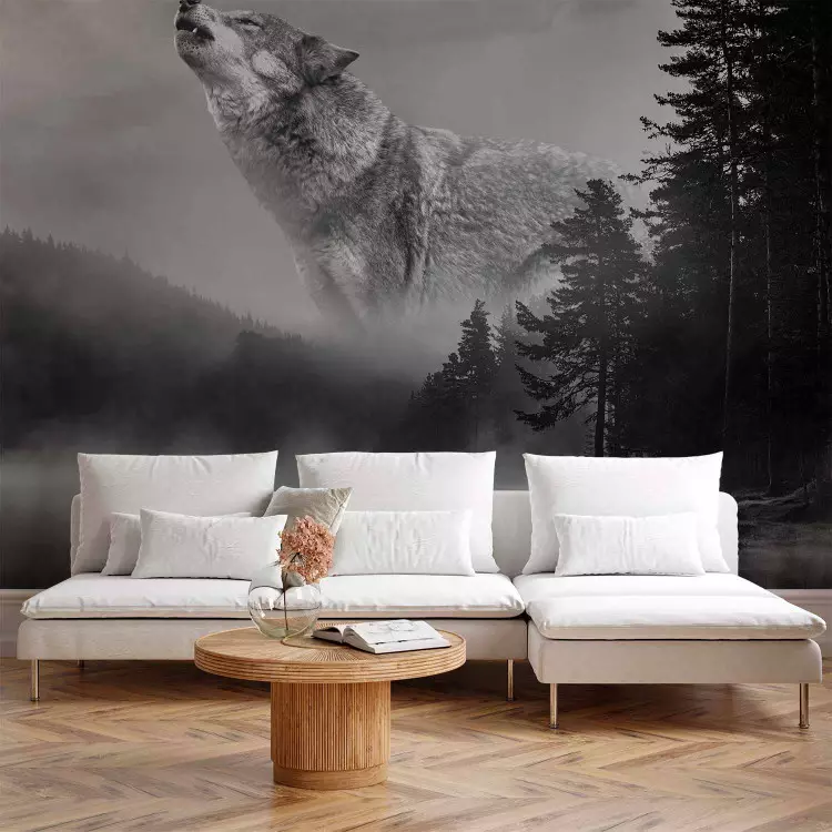 Photo Wallpaper Forest landscape - black and white wolf in a misty forest  next to a lake - bimago