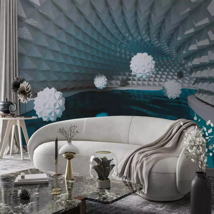 Abstract with tunnel - geometric spheres floating above a sheet of water