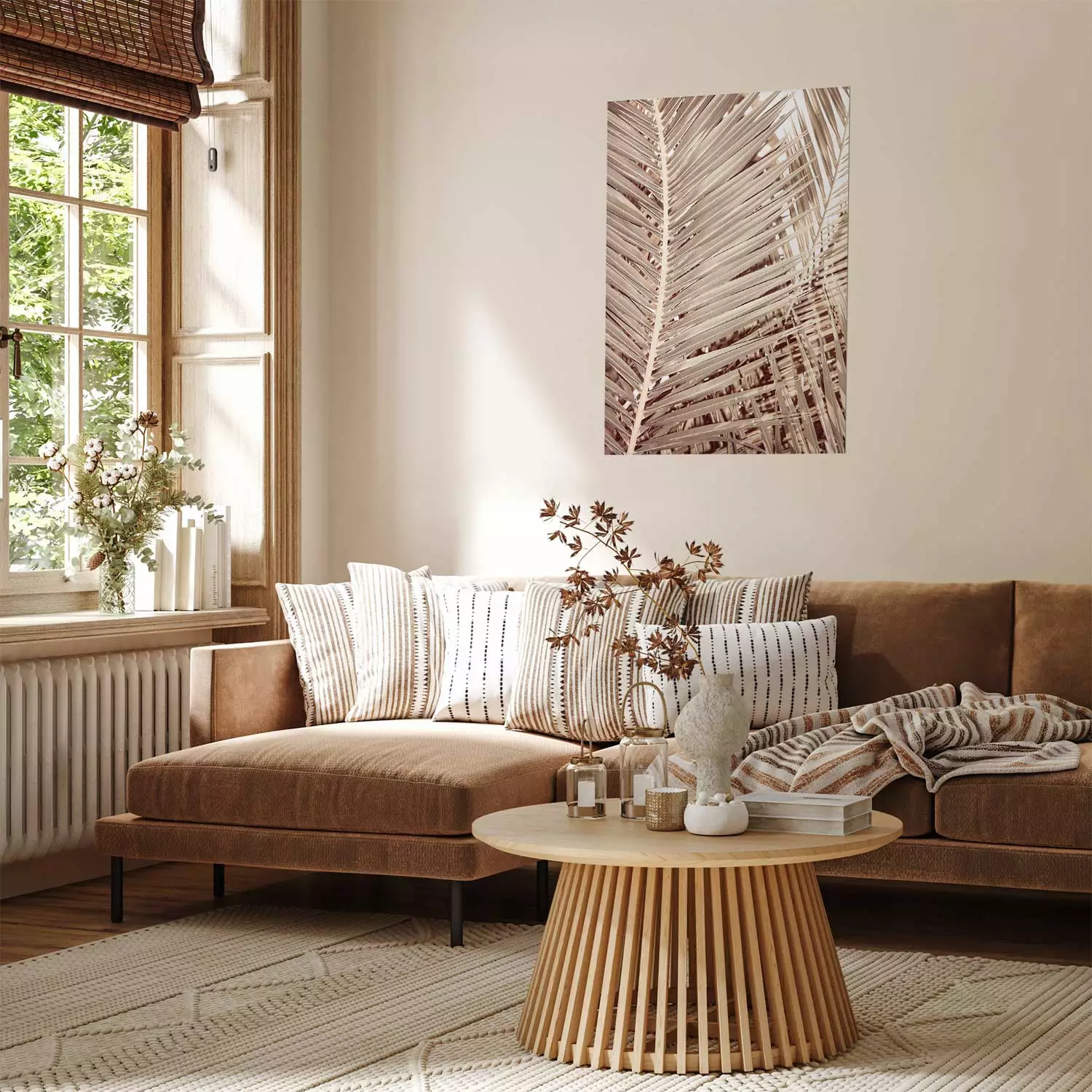 Wall Poster Beige Palm - composition of tropical palm leaves in golden hue
