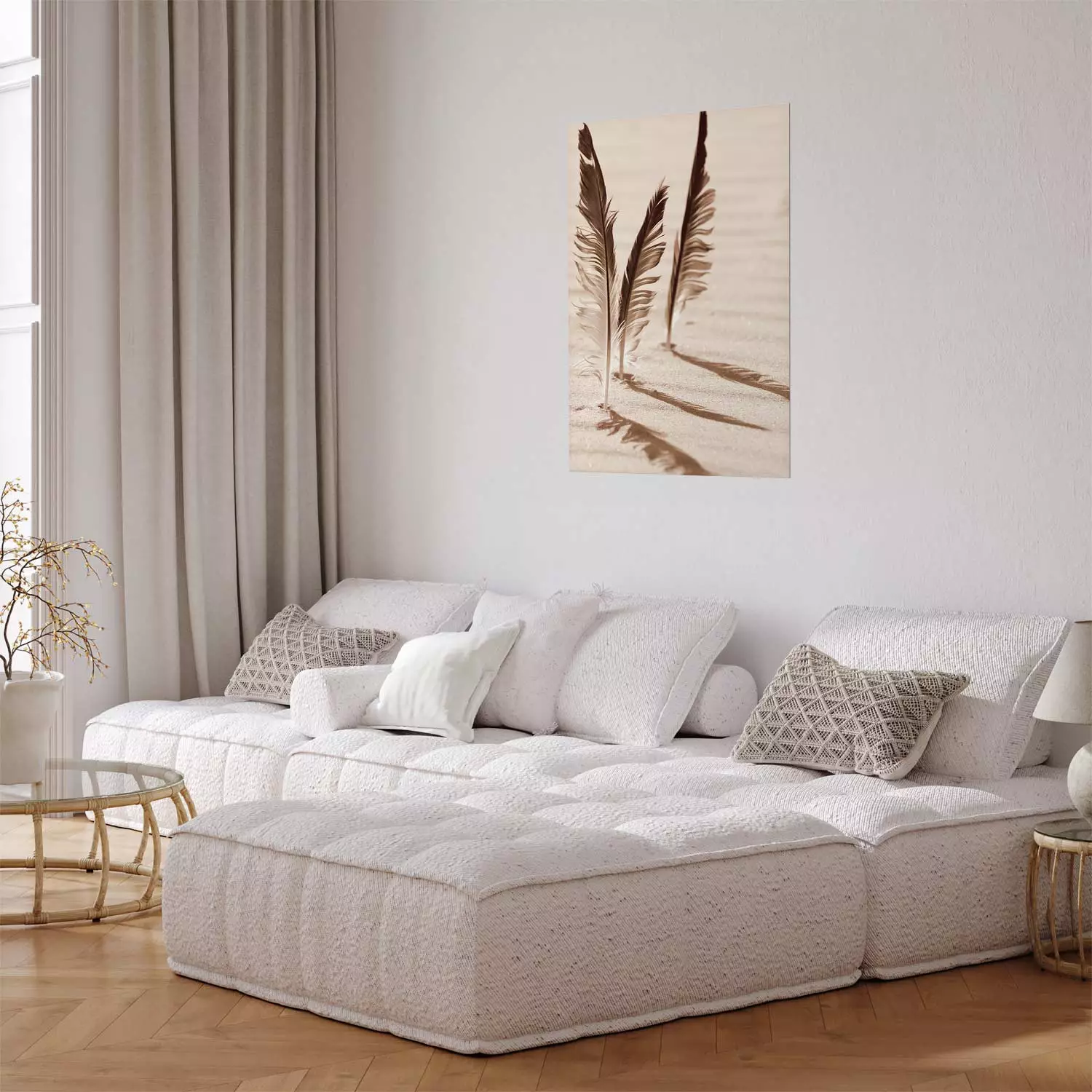 Wall Poster Shady Feathers - marine composition of feathers in sand in sepia colors