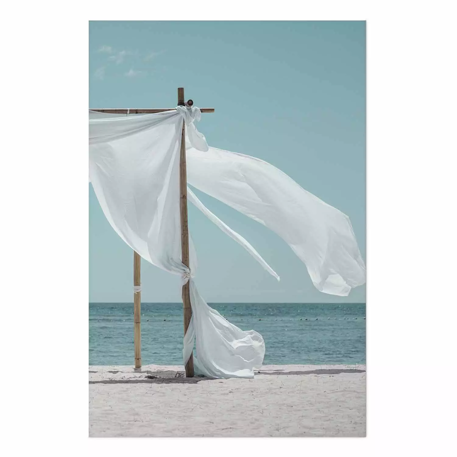 Poster Warm Breeze - beach seascape with white parasol against ocean