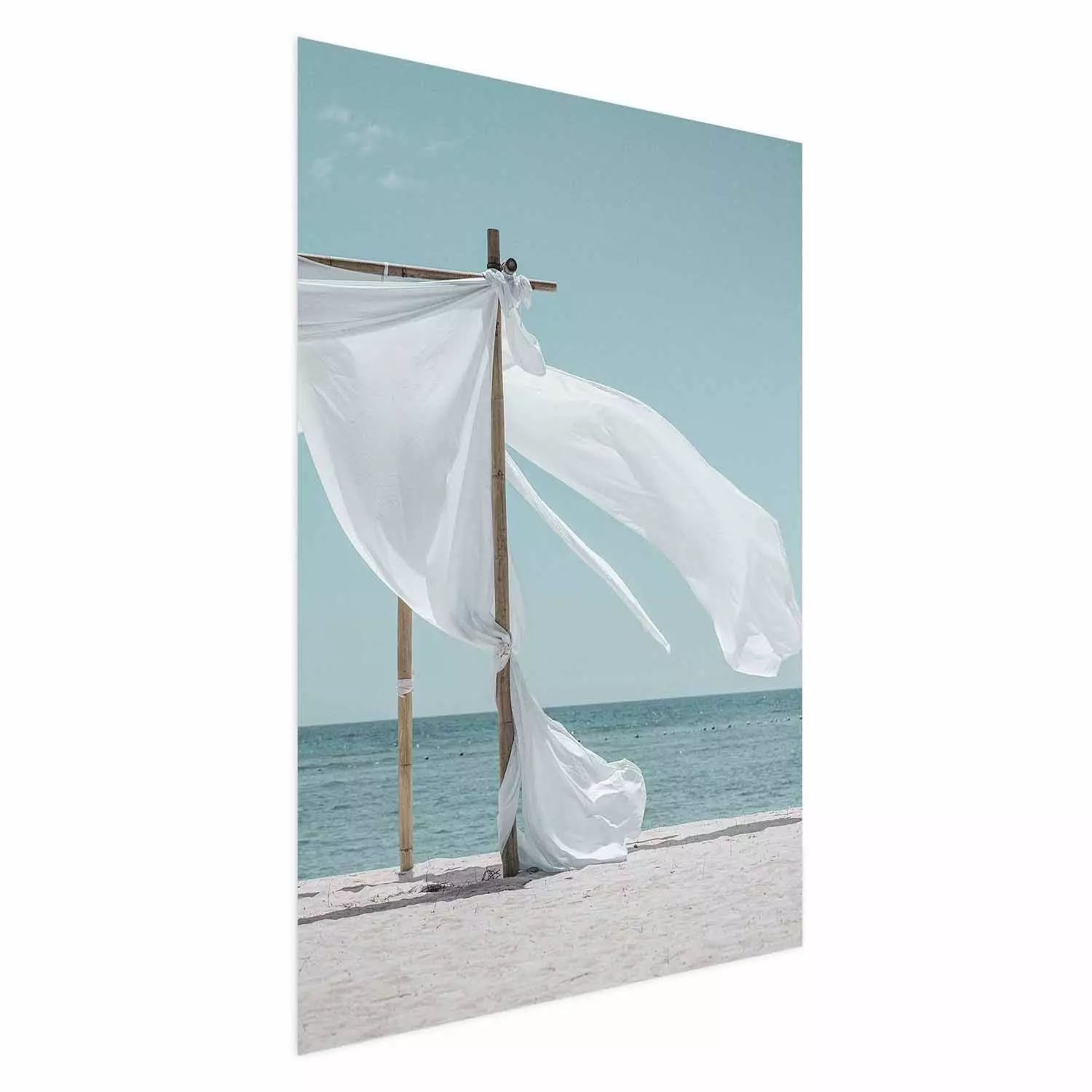 Poster Warm Breeze - beach seascape with white parasol against ocean