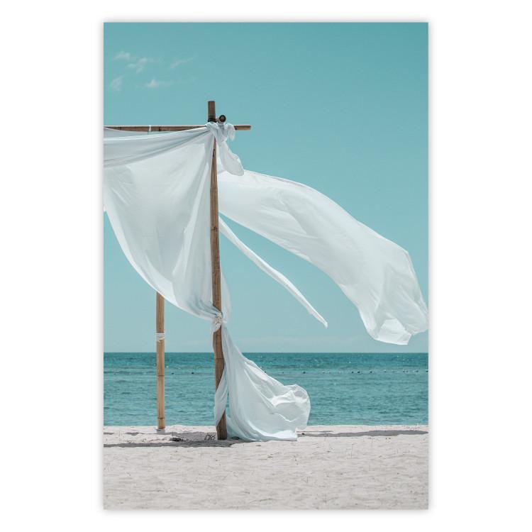 Poster Warm Breeze - beach seascape with white parasol against ocean