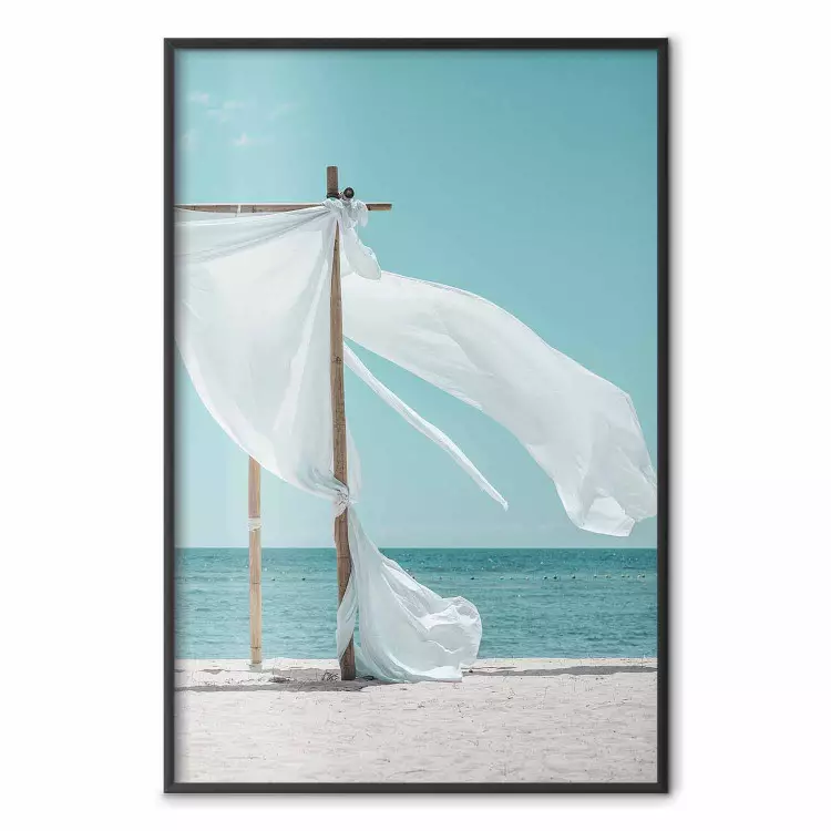 Warm Breeze - beach seascape with white parasol against ocean