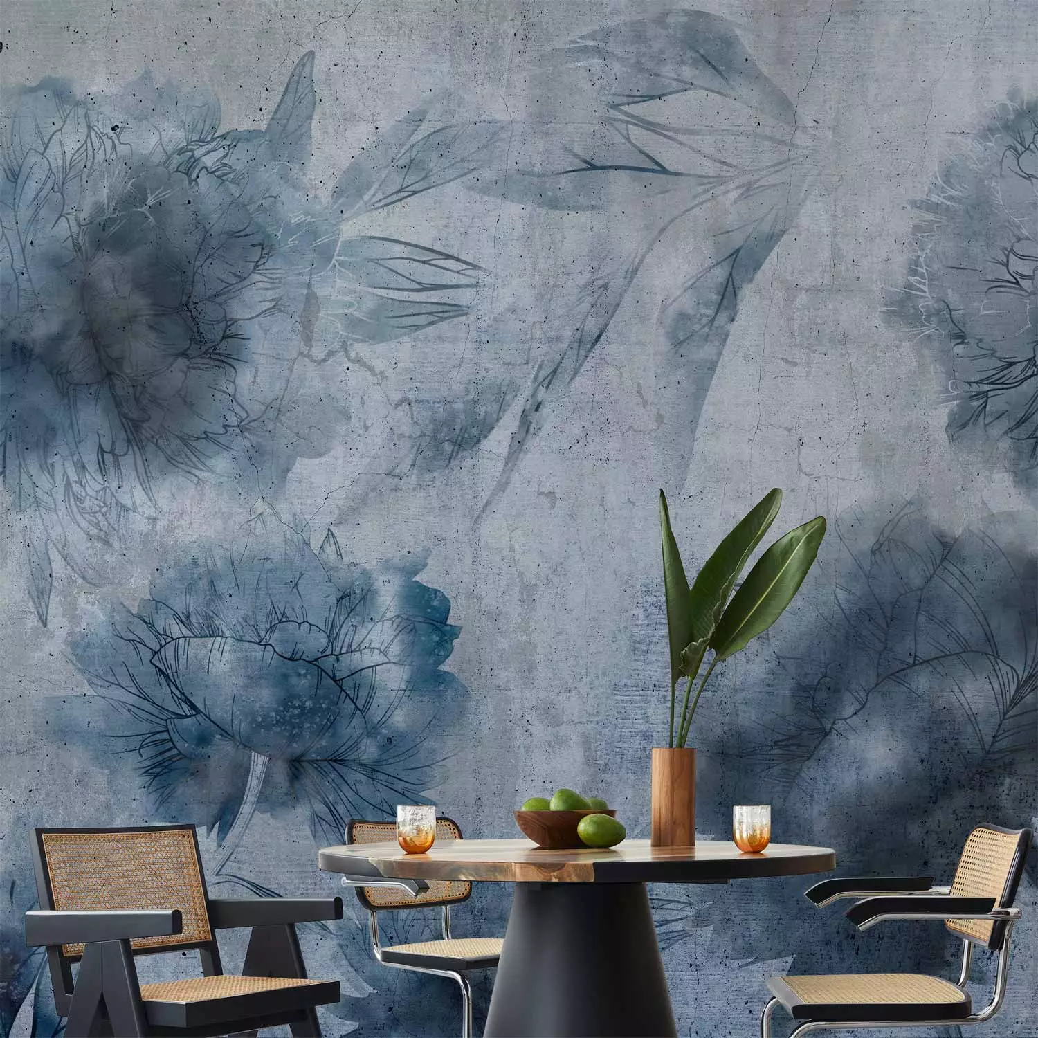Photo Wallpaper Blue peonies - floral motif of flowers on a concrete texture