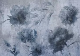 Photo Wallpaper Blue peonies - floral motif of flowers on a concrete texture Wallpaper Cropper