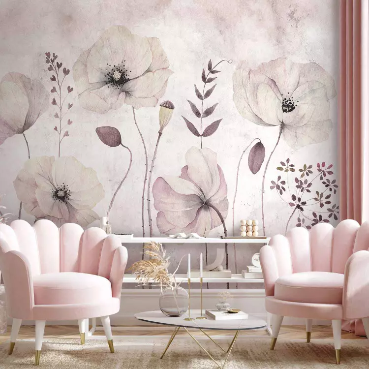 White poppies - floral watercolour style flower motif in grey tones