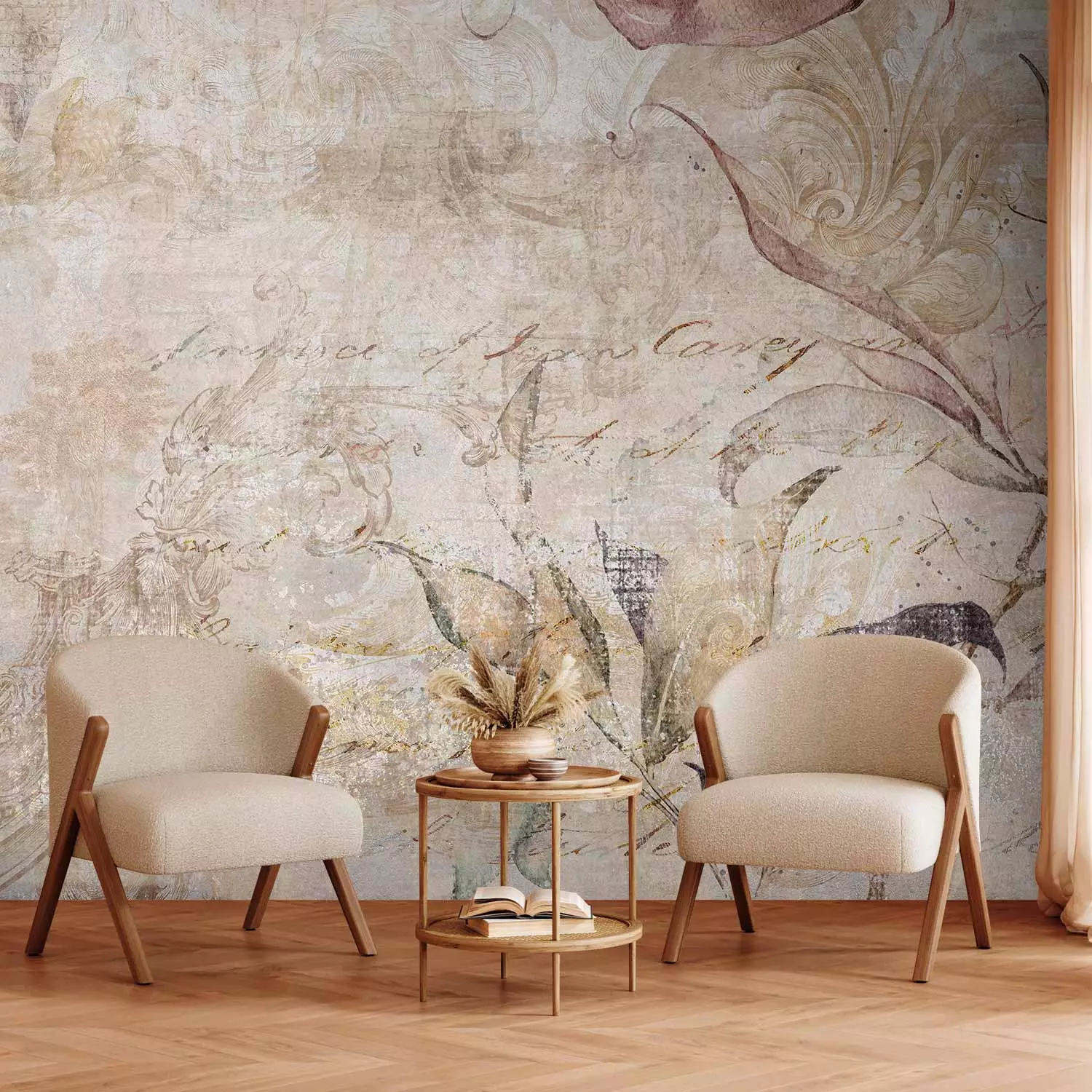 Wall Mural Vintage composition - patterns with nature and birds on a background with inscriptions