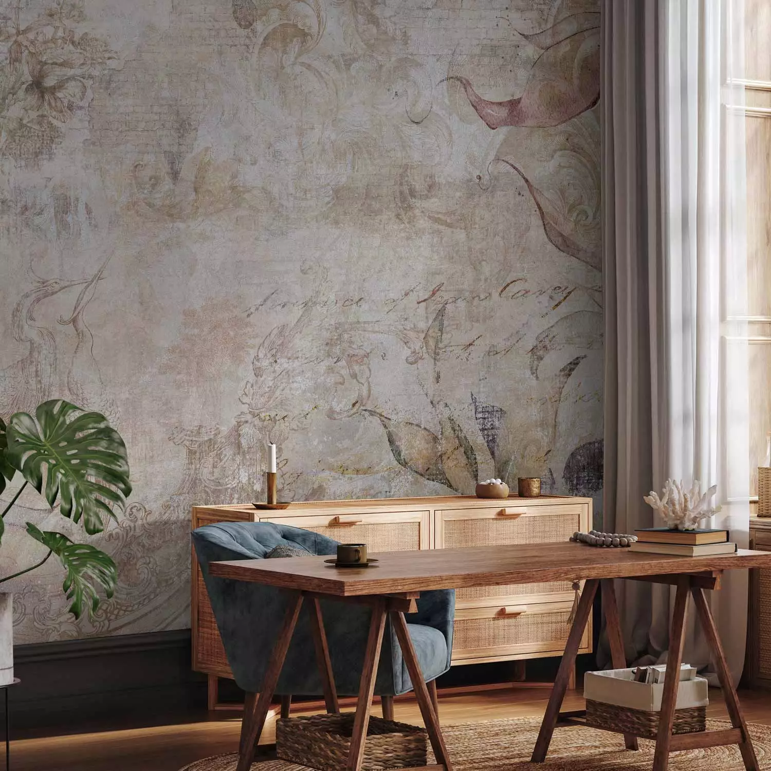 Wall Mural Vintage composition - patterns with nature and birds on a background with inscriptions