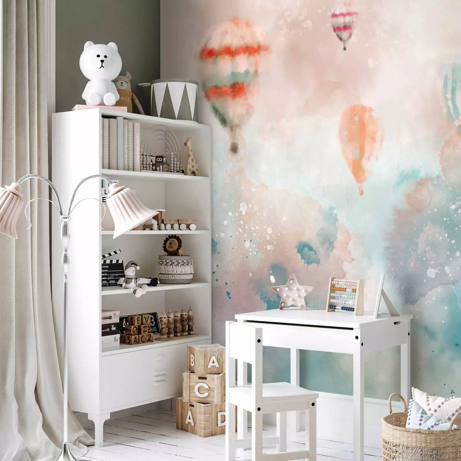Wall Mural Dreamland - watercolour landscape with tents and balloons for children