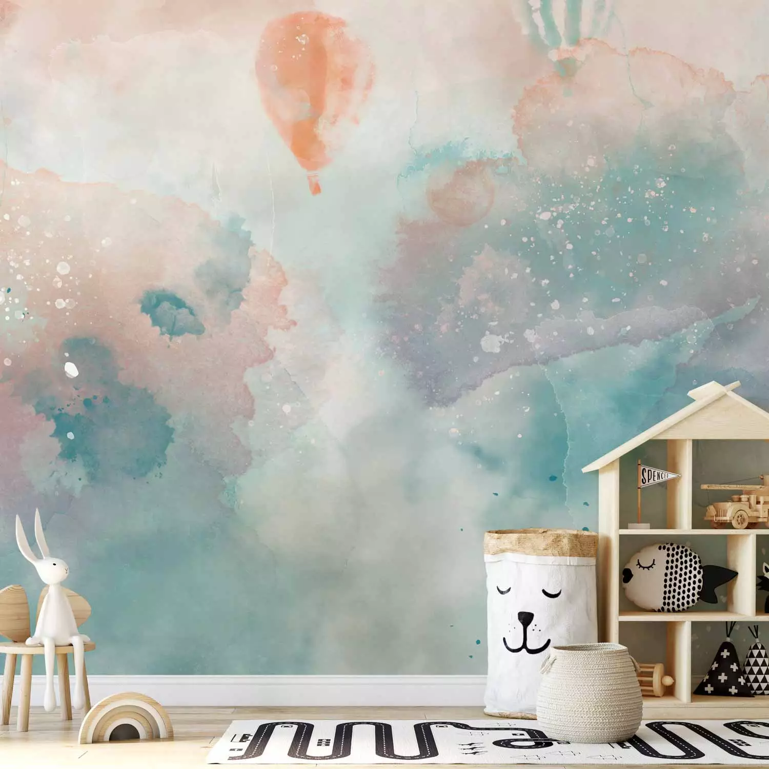 Wall Mural Dreamland - watercolour landscape with tents and balloons for children