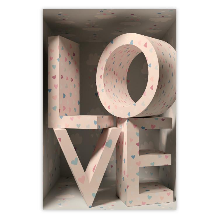 Poster Love in Hearts - texts in heart shapes with 3D effect on a light background