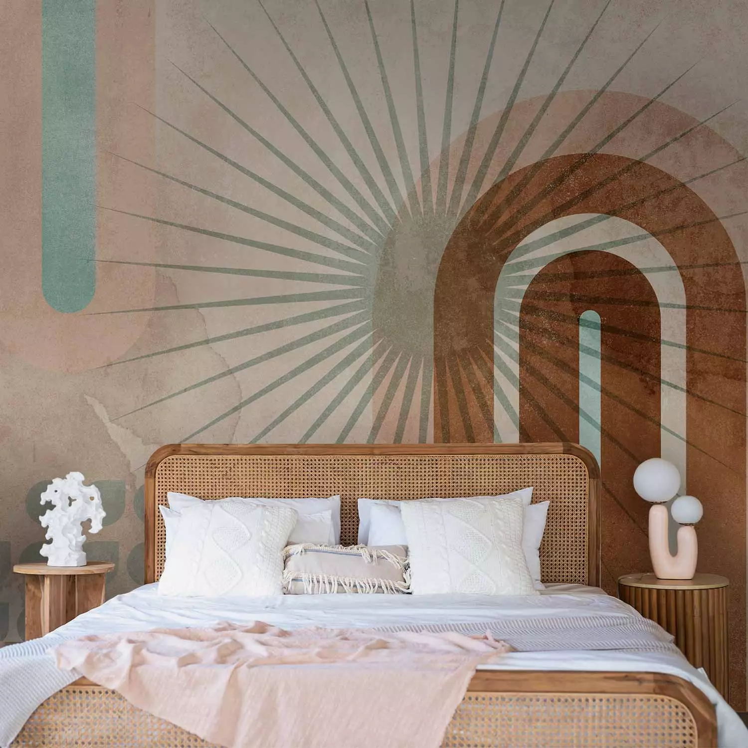Photo Wallpaper Geometric curves - watercolour abstraction with sun and patterns