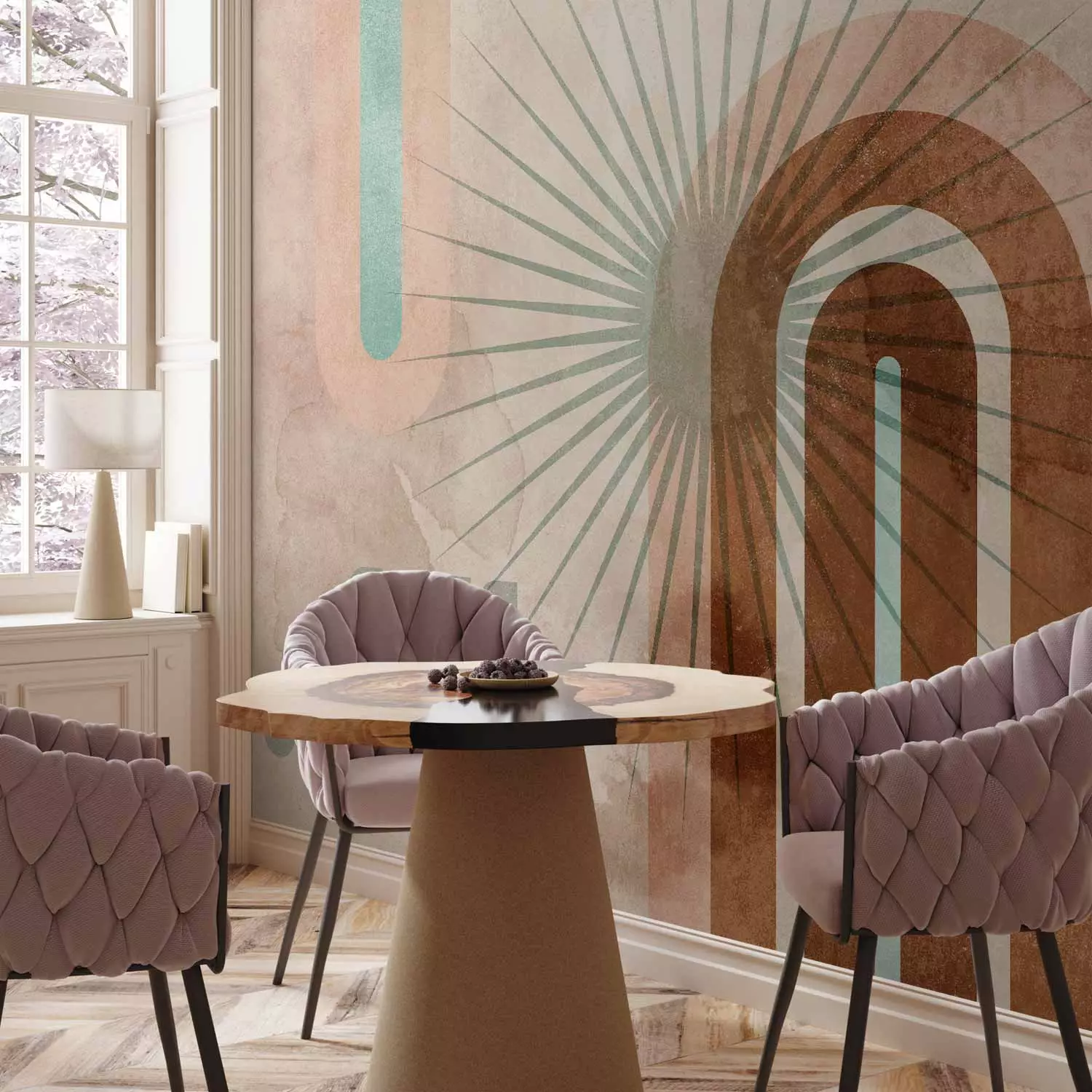 Photo Wallpaper Geometric curves - watercolour abstraction with sun and patterns