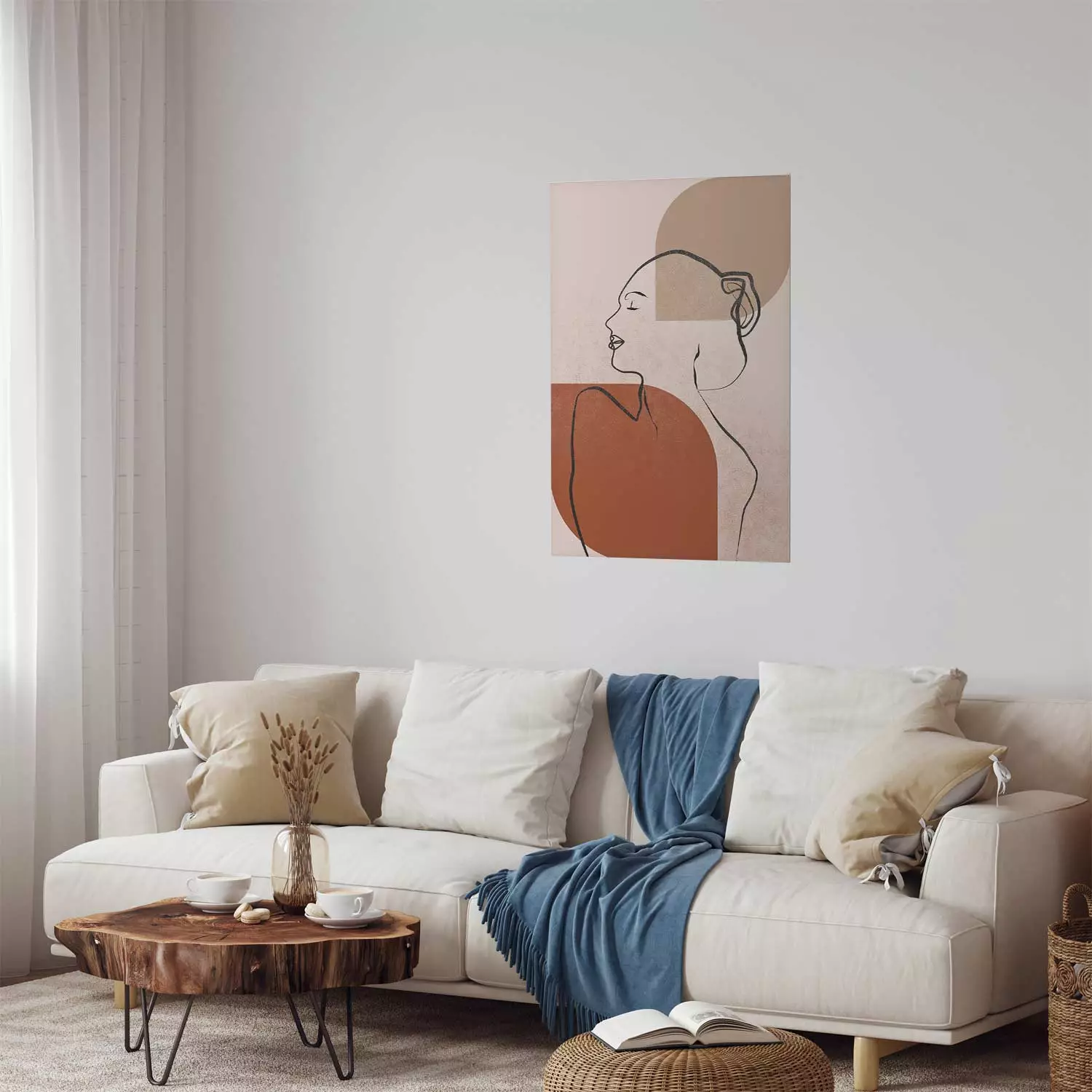 Poster Waiting for the Sun - line art of a female silhouette on an abstract background