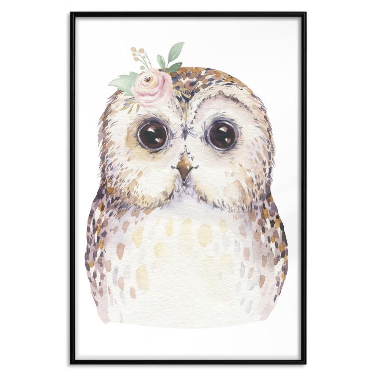 Poster Cheerful Owl - portrait of an owl with a flower on a white contrasting background