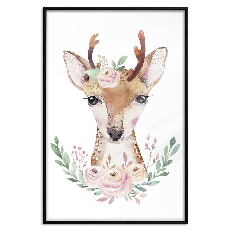 Poster Julius the Deer - composition of pink flowers and a deer on a white background
