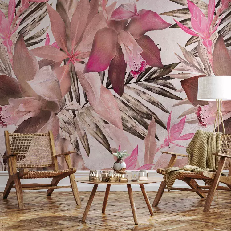 Blooming jungle - pink composition with floral motif and leaves