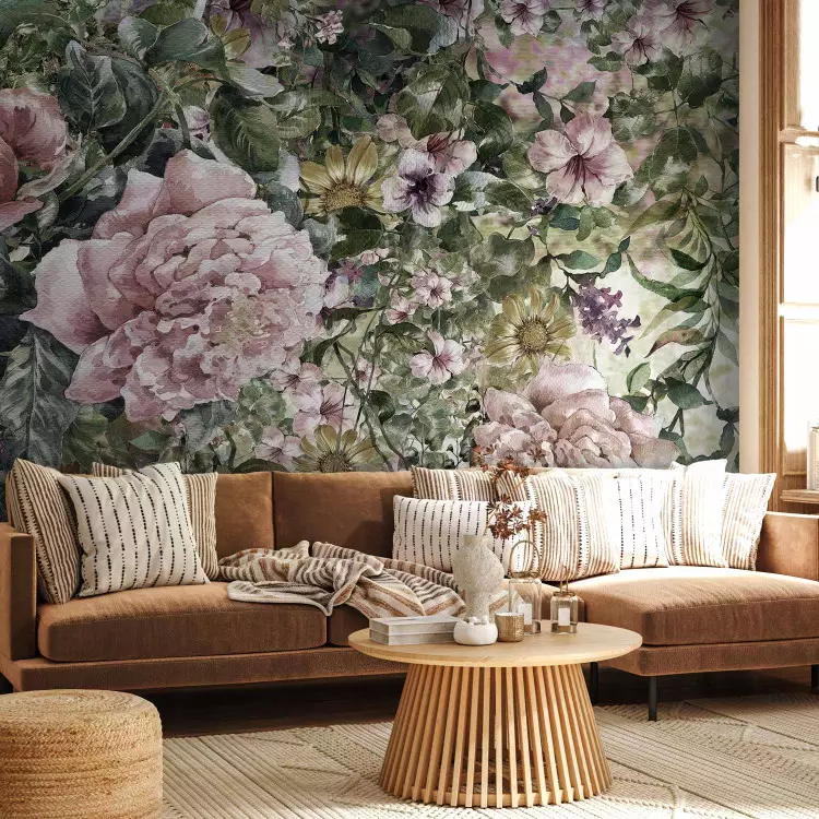 Coming summer - plant motif with blooming flowers in retro style