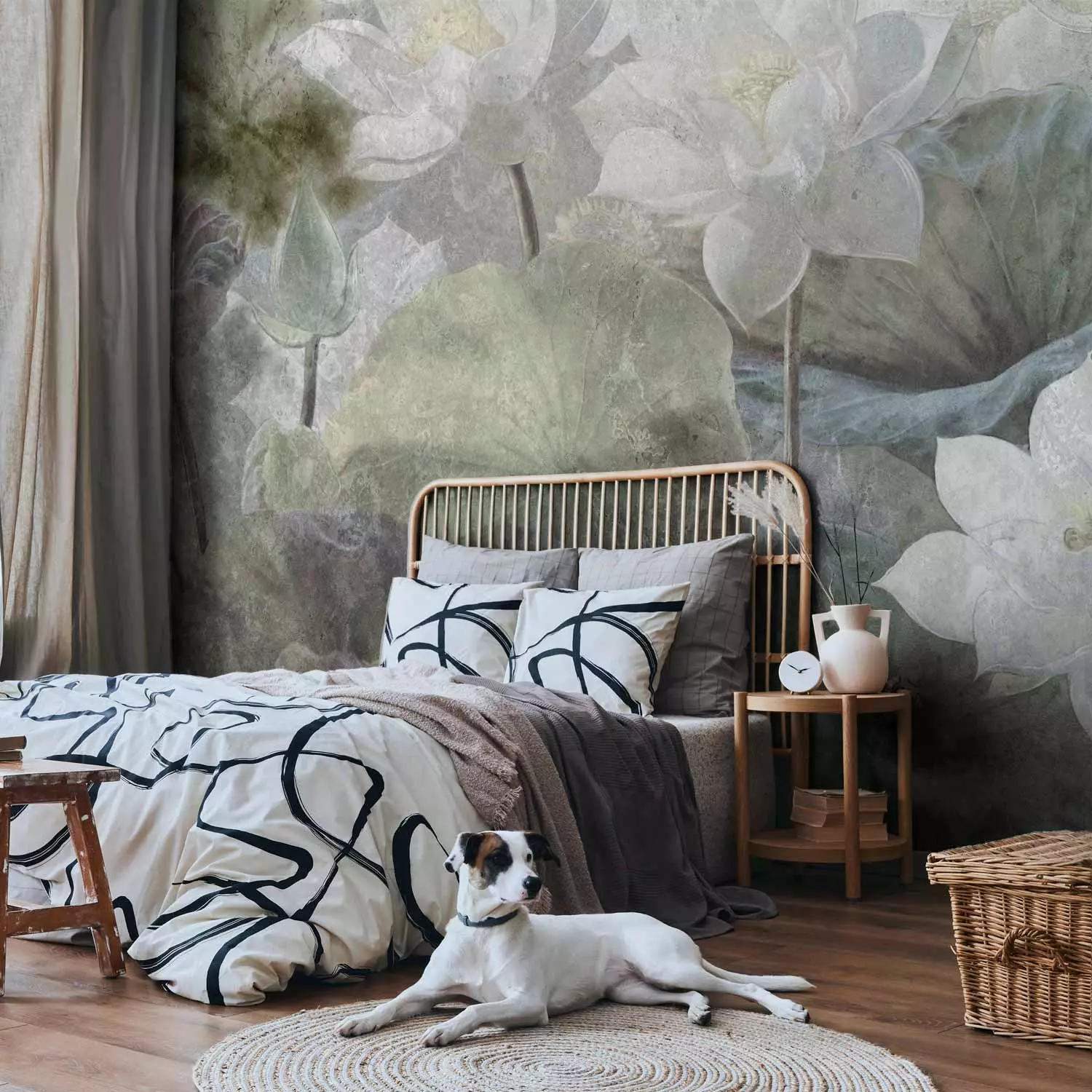 Wall Mural Water lotus flowers - retro floral motif landscape with leaves