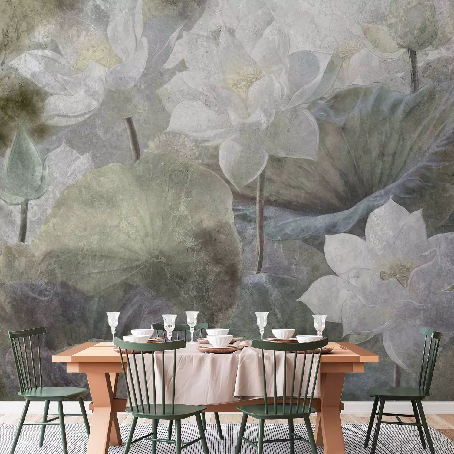 Wall Mural Water lotus flowers - retro floral motif landscape with leaves