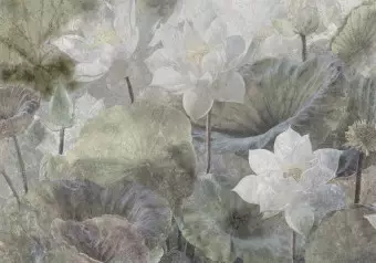 Wall Mural Water lotus flowers - retro floral motif landscape with leaves Wallpaper Cropper