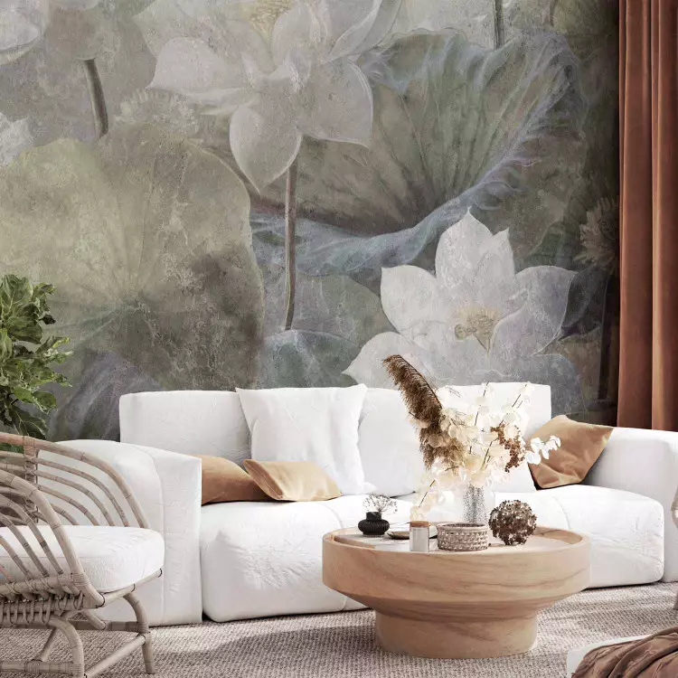 Water lotus flowers - retro floral motif landscape with leaves