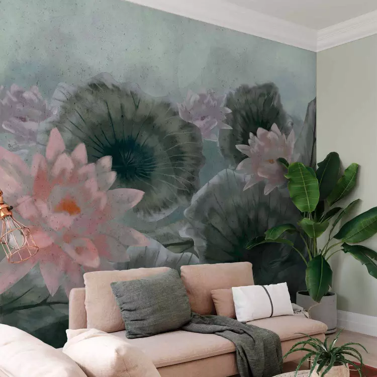 Oriental vegetation - lotus flowers floating with leaves on a sheet of water