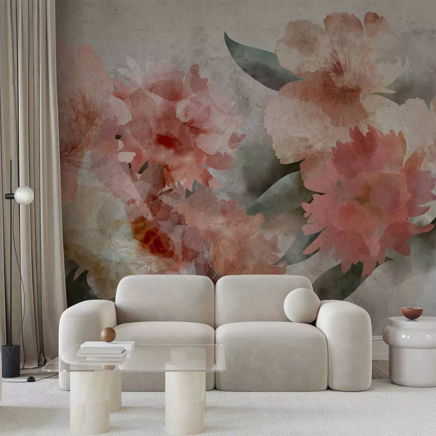 Wall Mural Flowering garden painted in watercolour - floral motif of pink peonies