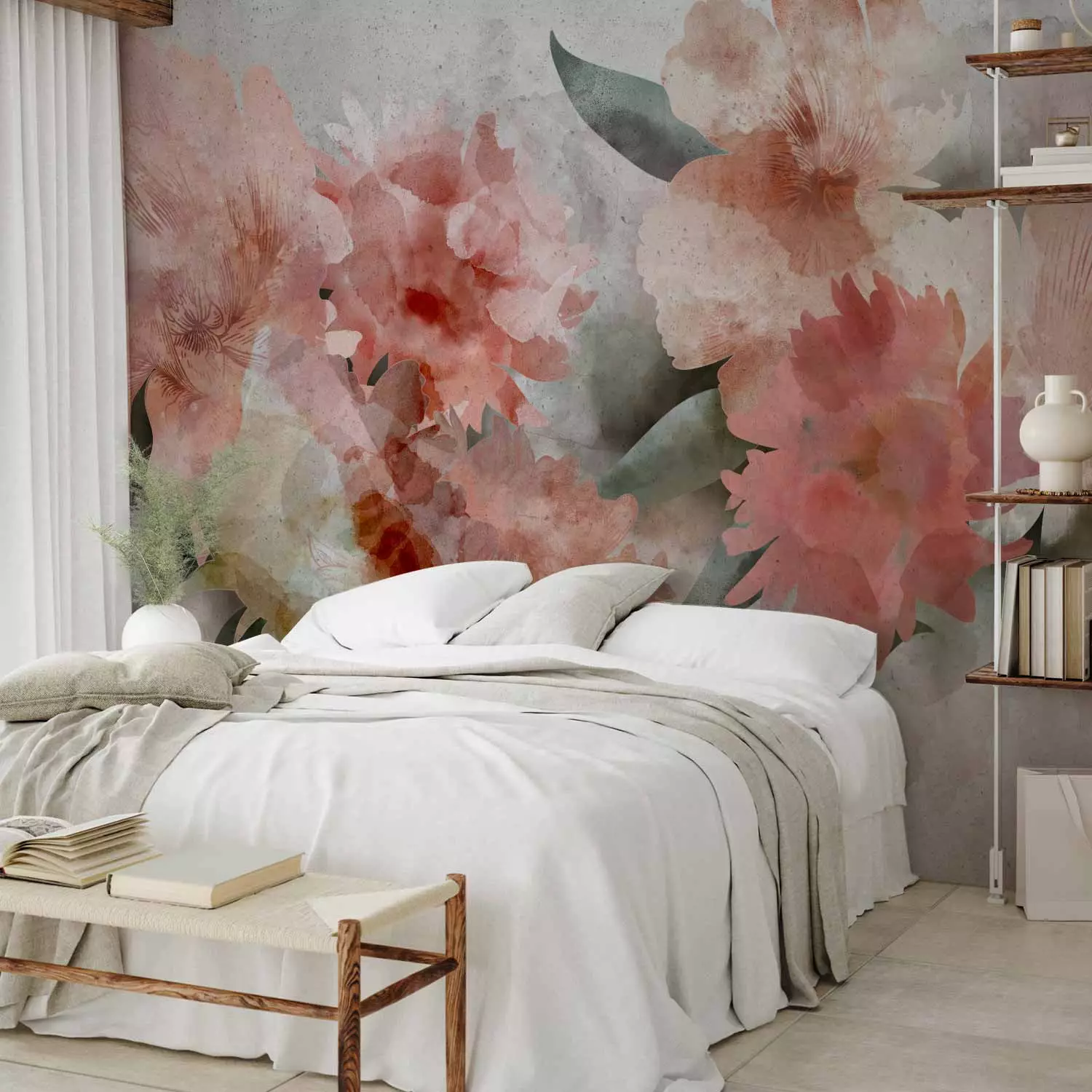 Wall Mural Flowering garden painted in watercolour - floral motif of pink peonies