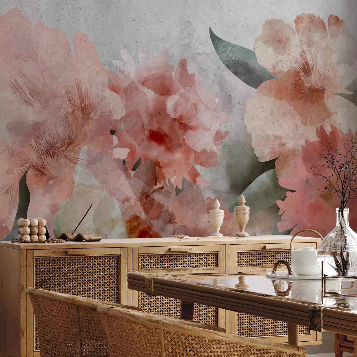 Wall Mural Flowering garden painted in watercolour - floral motif of pink peonies