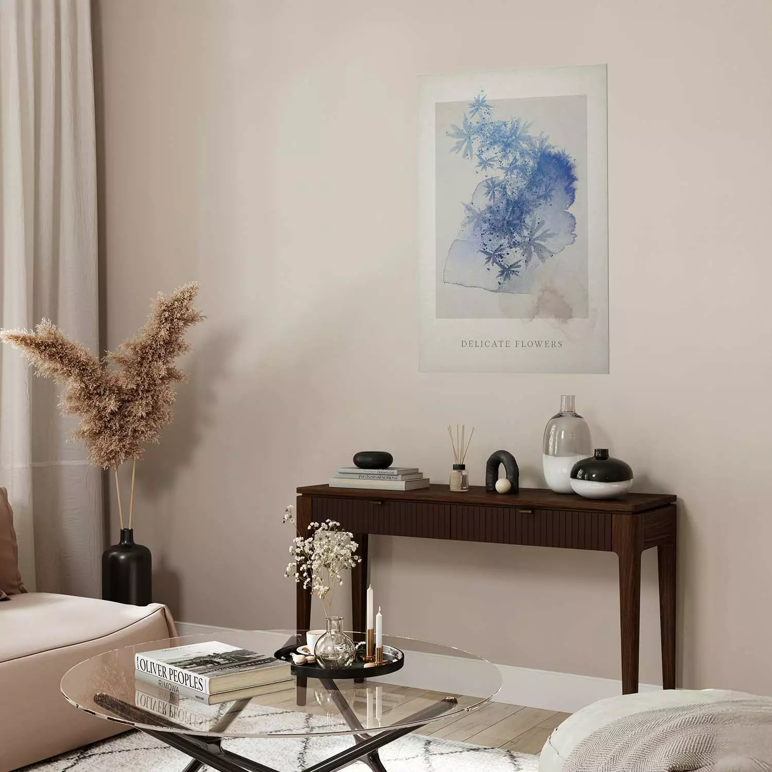 Poster Delicate Flowers - English texts and blue watercolor flowers